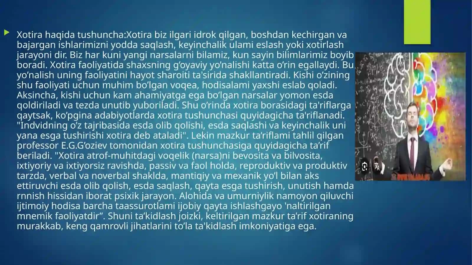 Tarix fakulteti talabasi Abdullayev Sardorning Umumiy Psixalogiya fanidan tayyorlagan taqdimot ishi 3