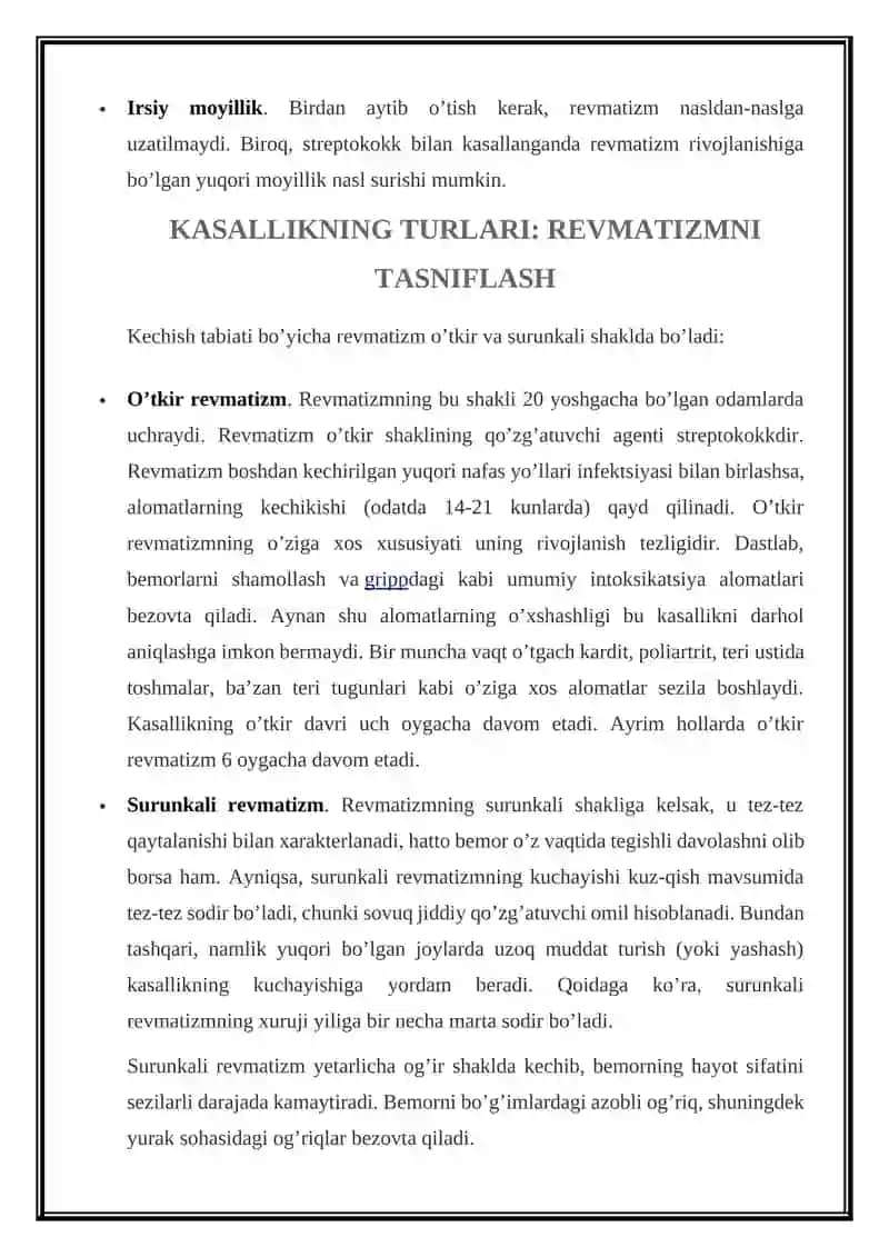 REVMATIZM KASALLIGI: ALOMATLARI, TASHXISLASH, DAVOLASH USULLARI, OLDINI OLISH, ASORATLANISHI 3