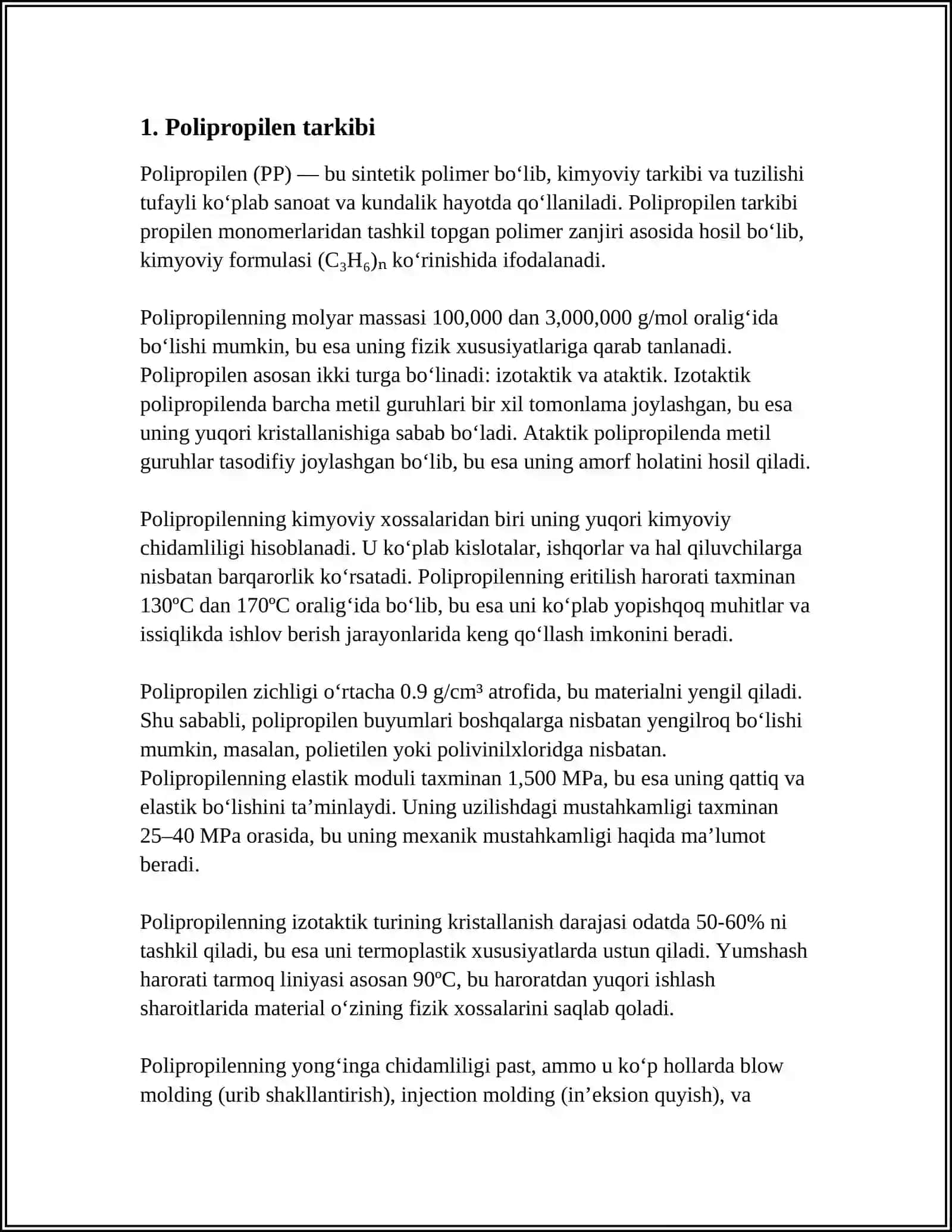 POLIPROPILEN MARKALARI XOSSALARI QO'LANILISHI 3
