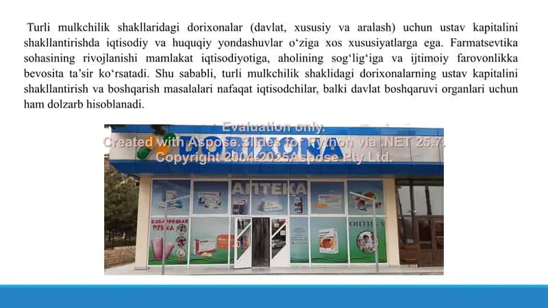 Turli mulkchilik shaklidagi dorixonalarda ustav kapitalini shakllantirish. Taqdimot 12 bet 3