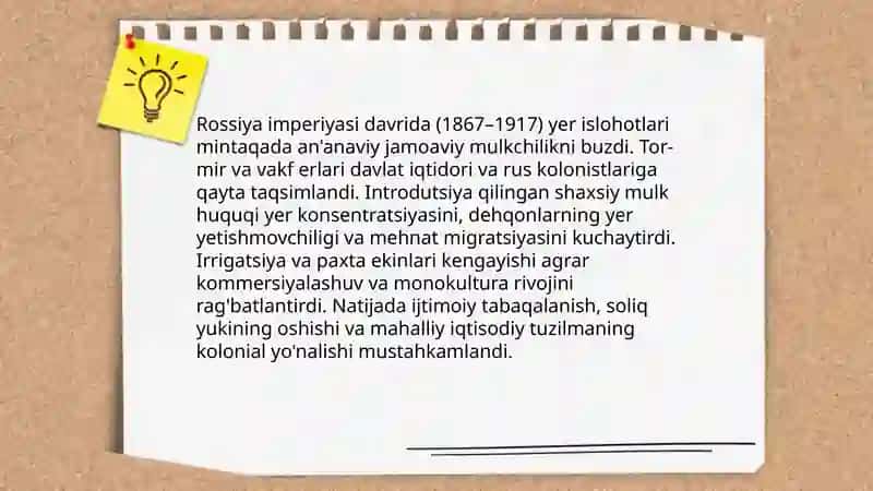 Rossiya imperiyasi va sovet hukumronligi davrida o'lkadagi ijtimoiy-iqtisodiy, siyosiy va ma'naviy jarayonlar 3