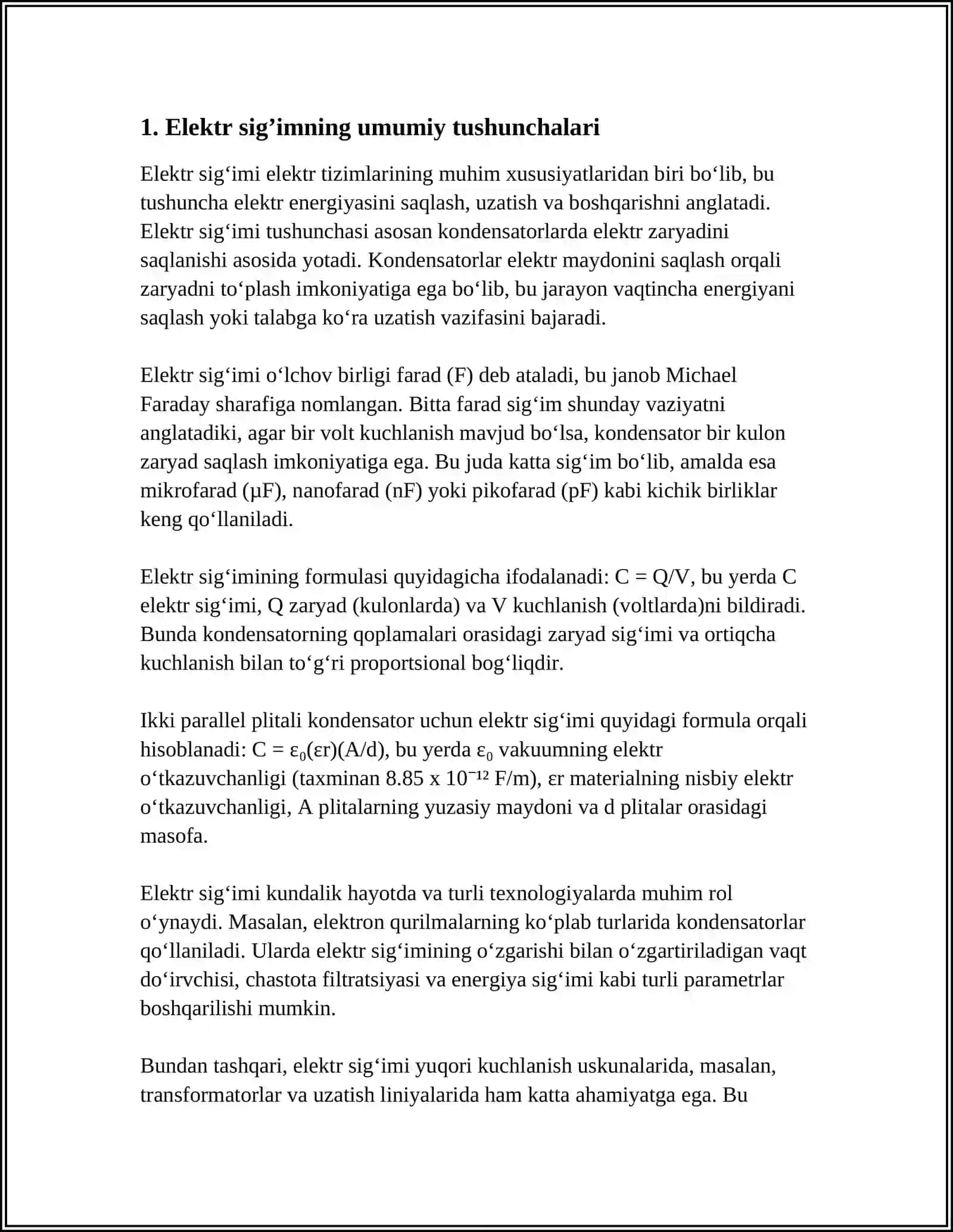ELEKTR SIG'IM.KONDENSATORLAR. KONDENSATORLARNI KETMA -KET VA PARALLEL ULASH 3