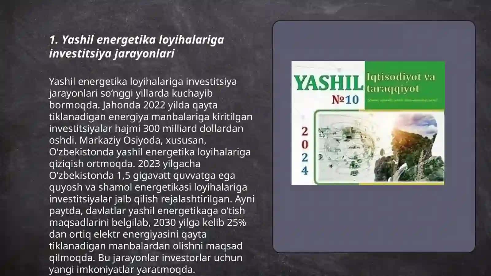 Yashil iqtisodiyotni rejalashtiruvchi sohalarga investitsiyalar va xarajatlarni rag’batlantirish 3