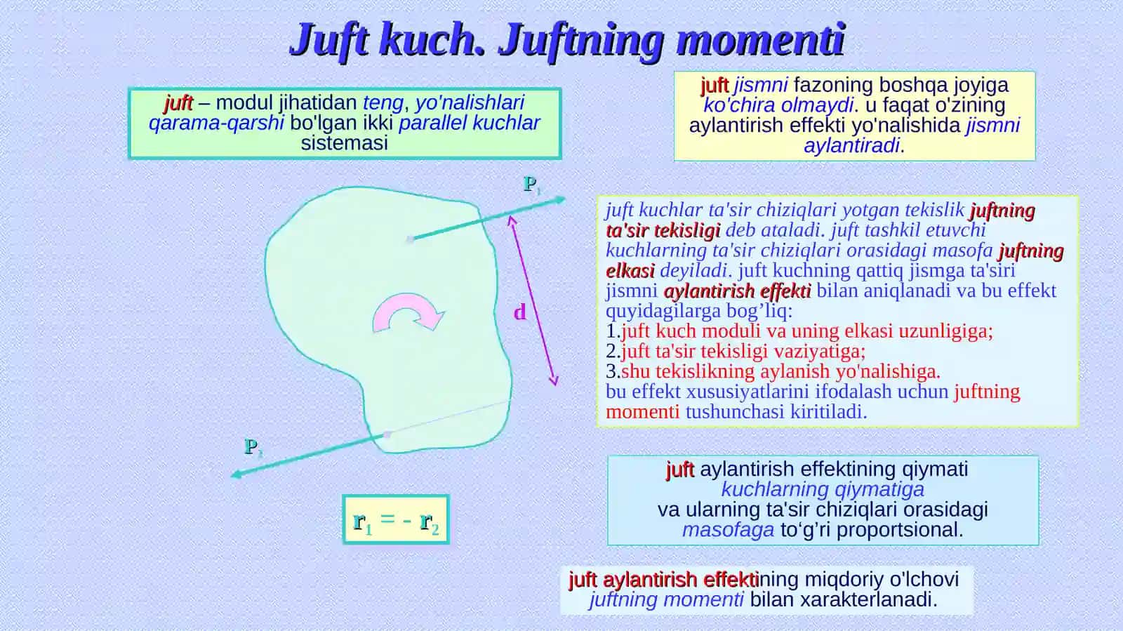 Tekislikdagi kuchlar sistemasi. Juft kuch. Juft kuchning xossalari. Kuchning nuqtaga nisbatan momenti 3