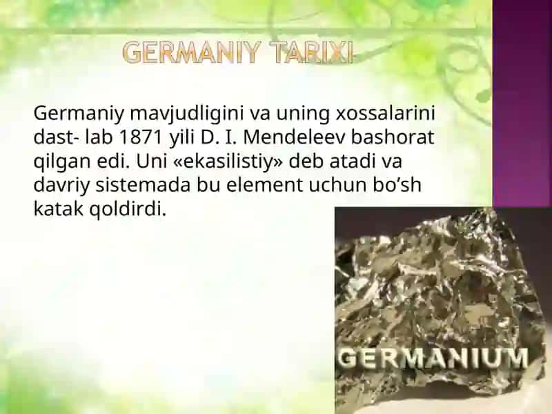 Germaniy, qalay, qo’rg’oshin elementlarining muhim birikmalari 3