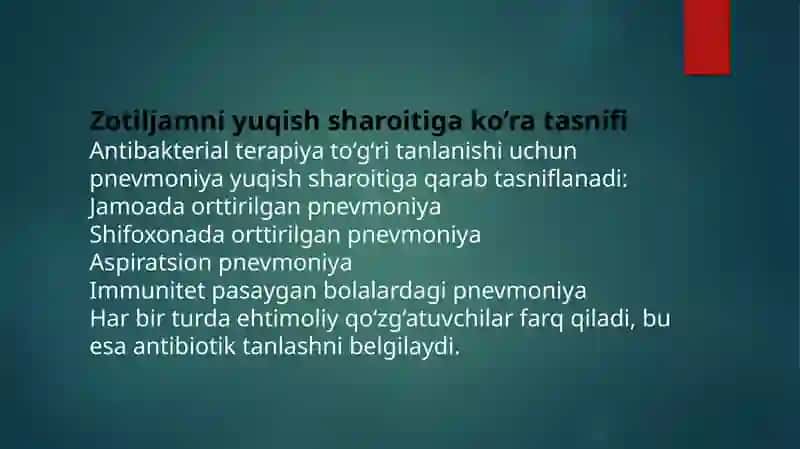 O'tkir zotiljamda yuqish sharoitlarga qarab antibakterial terapiya. 3