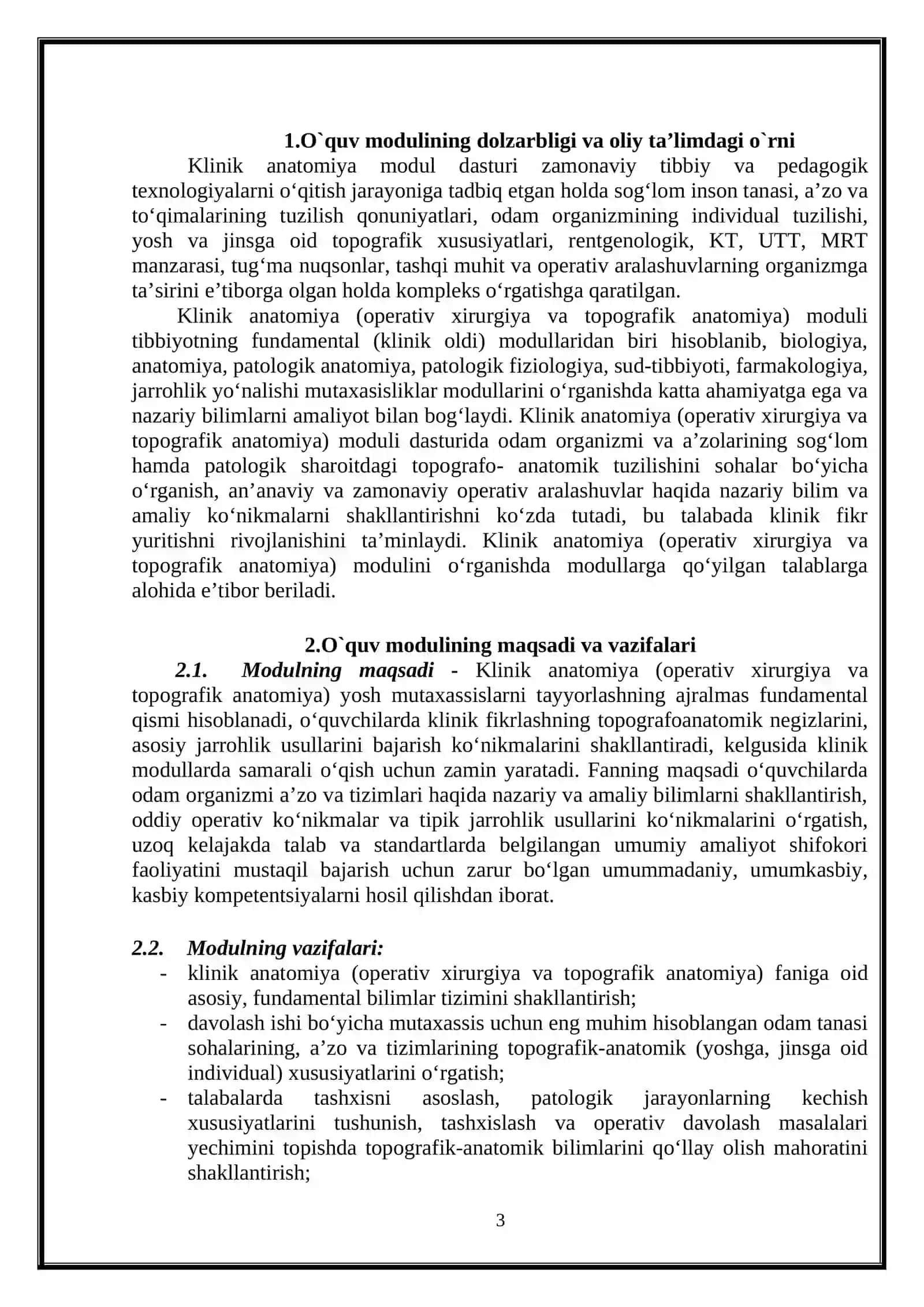 KLINIK ANATOMIYA (OPERATIV XIRURGIYA VA TOPOGRAFIK ANATOMIYA) ISHCHI O‘QUV DASTURI 3