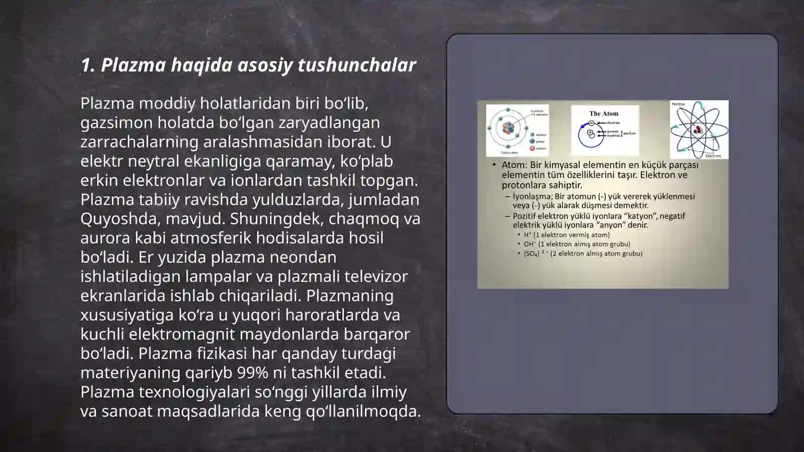 Plazma haqida tushuncha. Elektromagnit to'qimalar va ularning farmatsiya va tibbiyotda qo'llanilishi. Elektronlar, neytron va boshqa zarrachalar difraksiyasi. Radioaktiv yemirilishlar. Nishonli atomlar. Biosfera va fizik maydon. Atrof muhit va insonning fizik maydoni 3