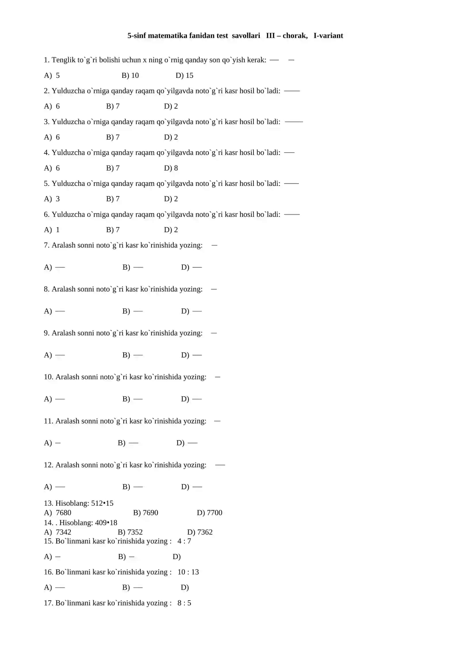 5-sinf matematika fanidan test savollari I – chorak, II-variant 3