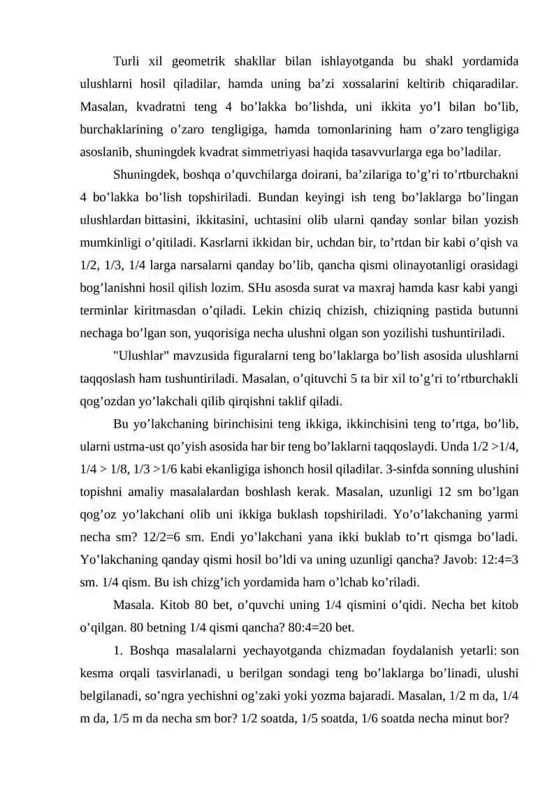 Ulush va kasr tushunchasi bilan tanishtirish metodikasi 3
