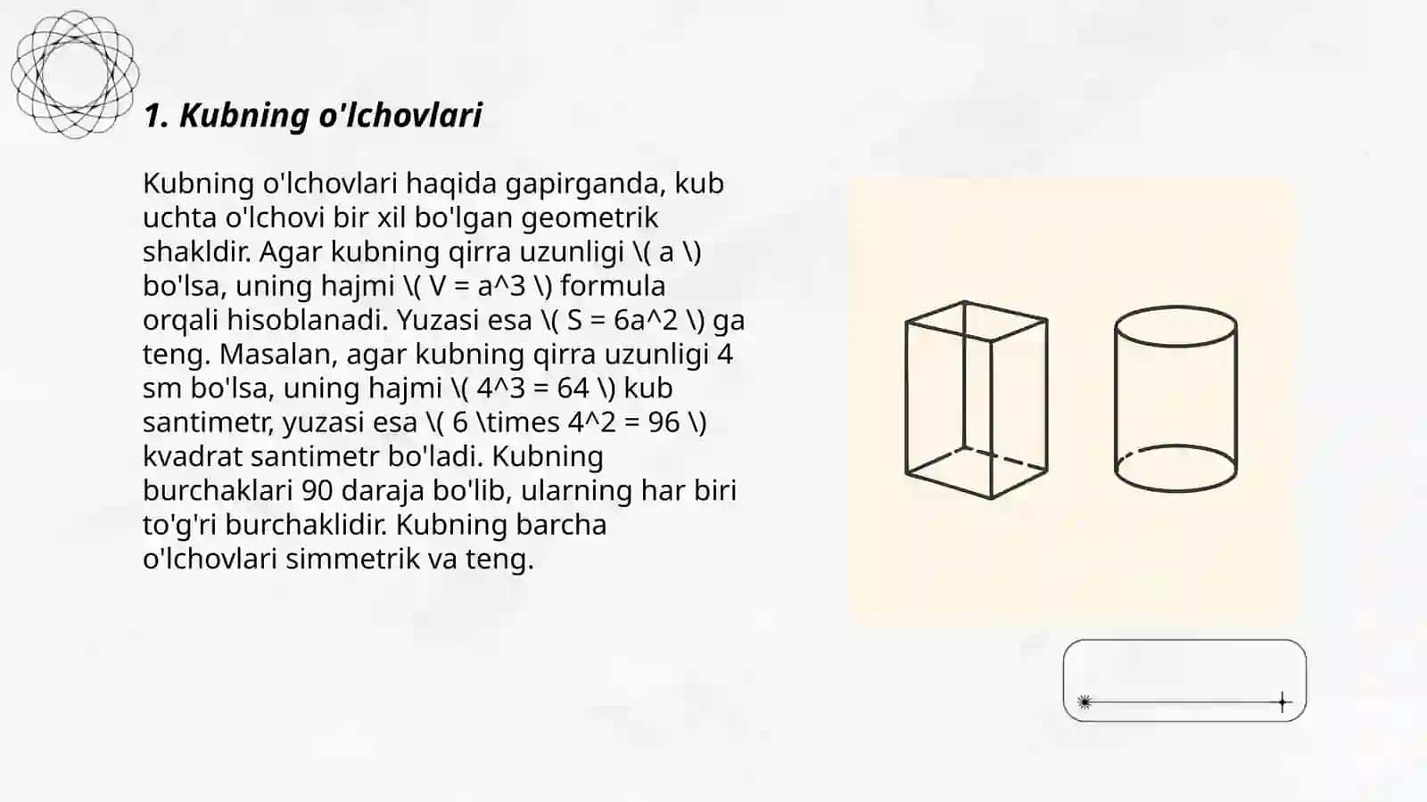Kub, slindr, toʻgʻri burchakli paralelopiped, konus, prizma, piramida, paralellogramma 3