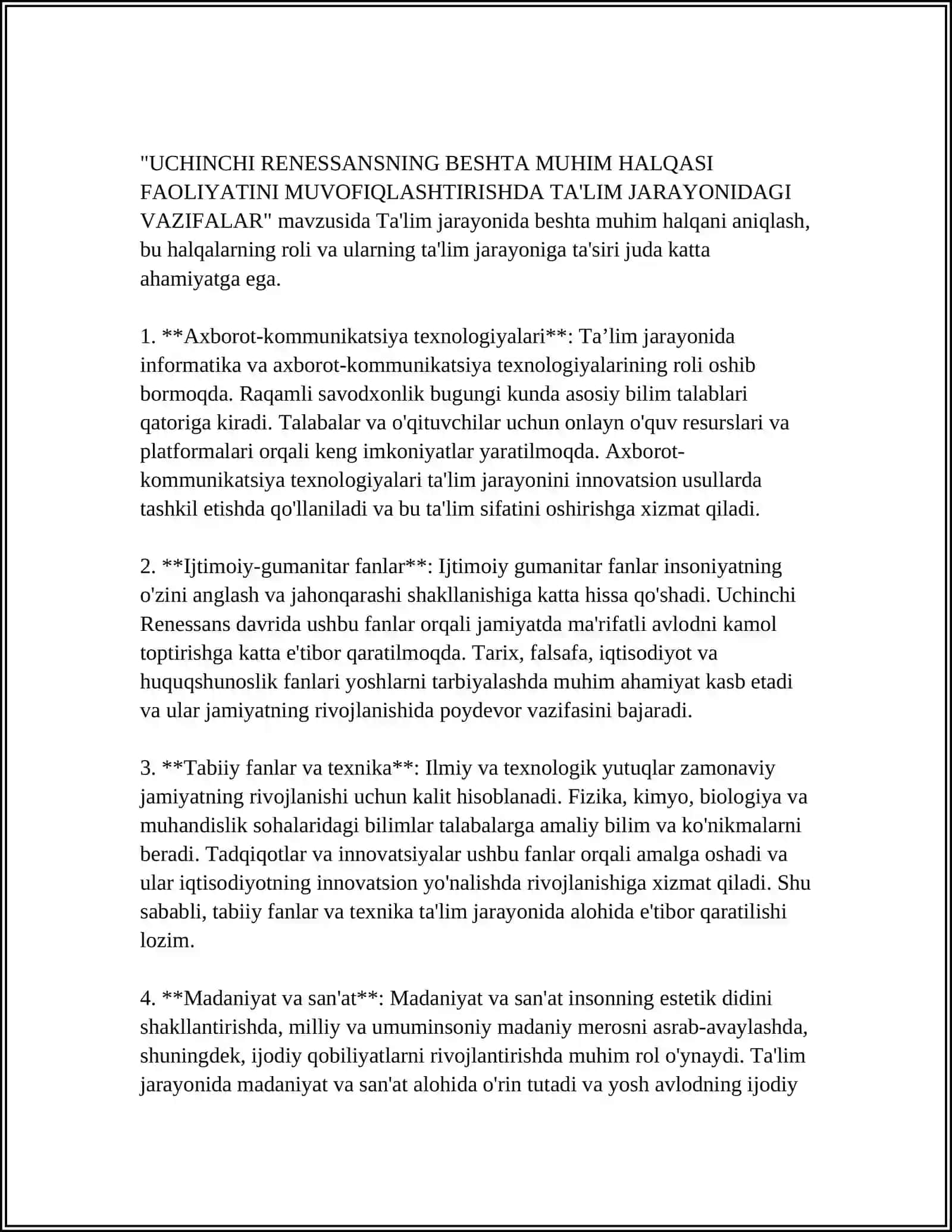 "UCHINCHI RENESSANSNING BESHTA MUHIM HALQASI FAOLIYATINI MUVOFIQLASHTIRISHDA TA'LIM JARAYONIDAGI VAZIFALAR" 3