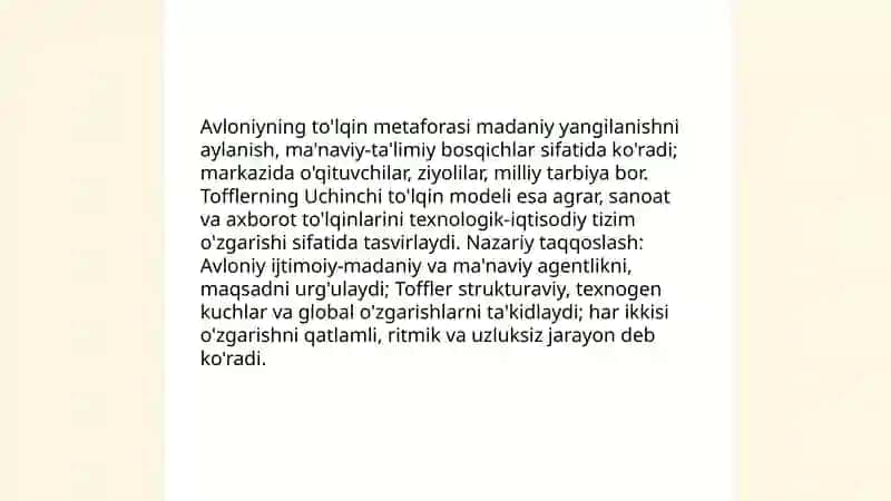 Avloniyning "Madaniyat to'lqinlari? maqolasi va E.Tofflerning "Uchinchi to'lqin' asarini qiyosiy tahlil etish 3