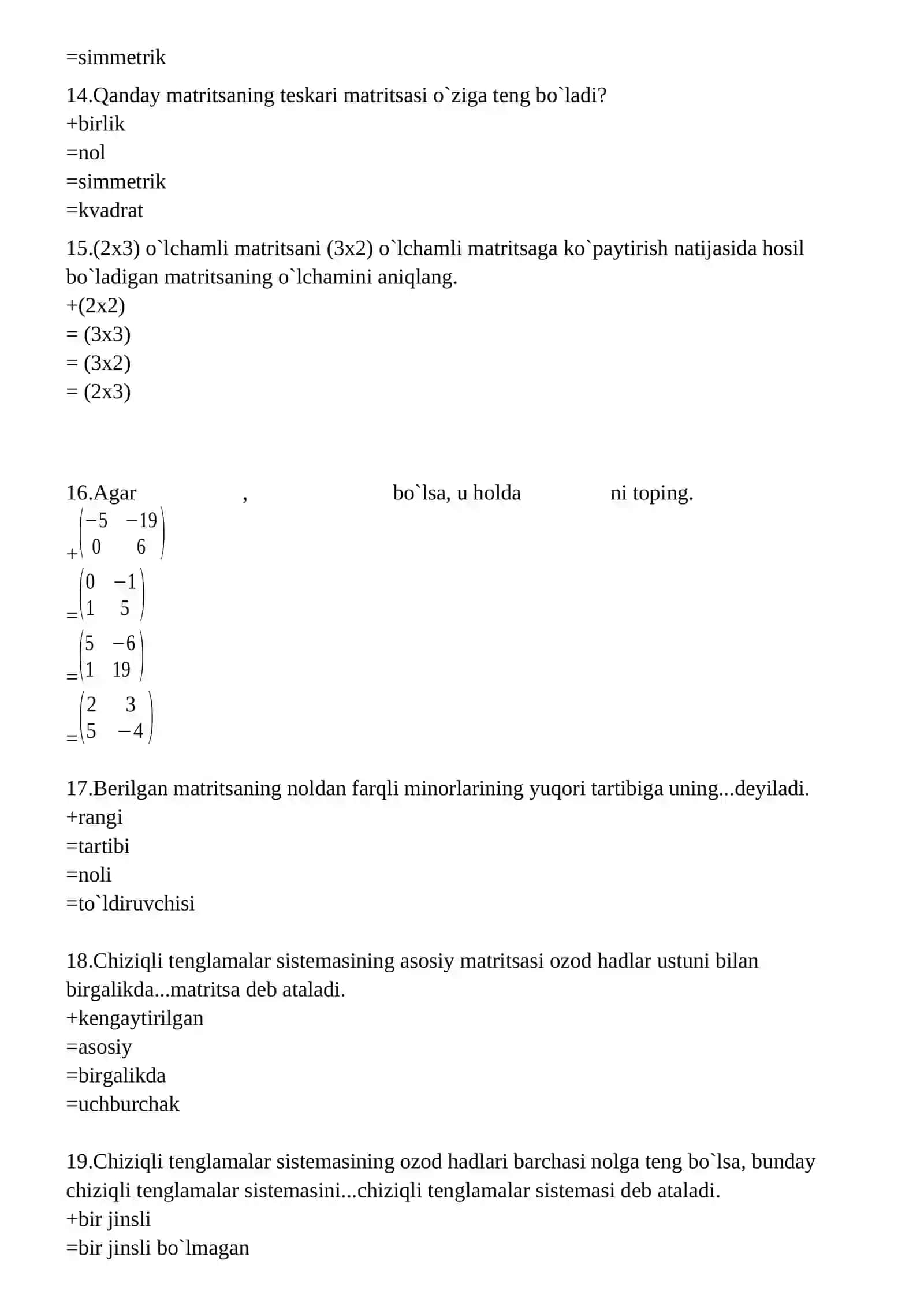 Matritsalar va determinantlar test savollari 3