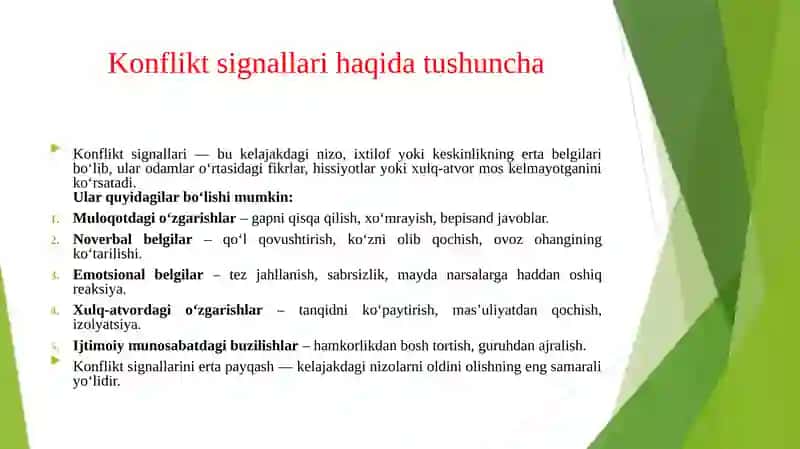 KONFLIKT SIGNALLARI AGGRESSIYA VA ZORAVONLIK HAQIDA TUSHUNCHA UNING MOHIYATI .KONFLIKTLI VAZIYATDA G’AZAB VA QAXR.O’QITUVCHI VA O’QUVCHI O’RTASIDAGI NIZOLARNING O’ZIGA XOS XUSUSIYATLARI.KONFLIKTLI VAZIYATLARNI XAL ETISHDA OILANING ROLI 3