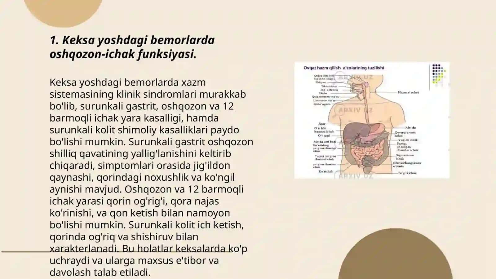 Keksa yoshdagi bemorlarda xazm sistemasining asosiy klinik sindromlari. Surunkali gastrit, meda va 12 barmoqli ichak yara kasalligi simptomotologiyasi. Surunkali kolit 3