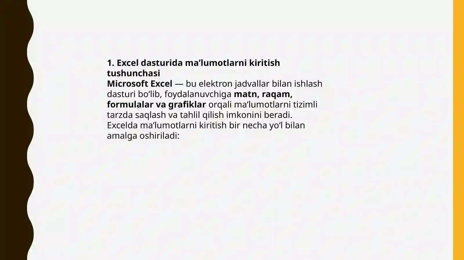 Ma’lumotlarnikiritish va tahrirlash. Excel dasturida avtoto'ldirishlar va avtohisoblashlar, matematik va iqtisodiy masalalarni yechish 3