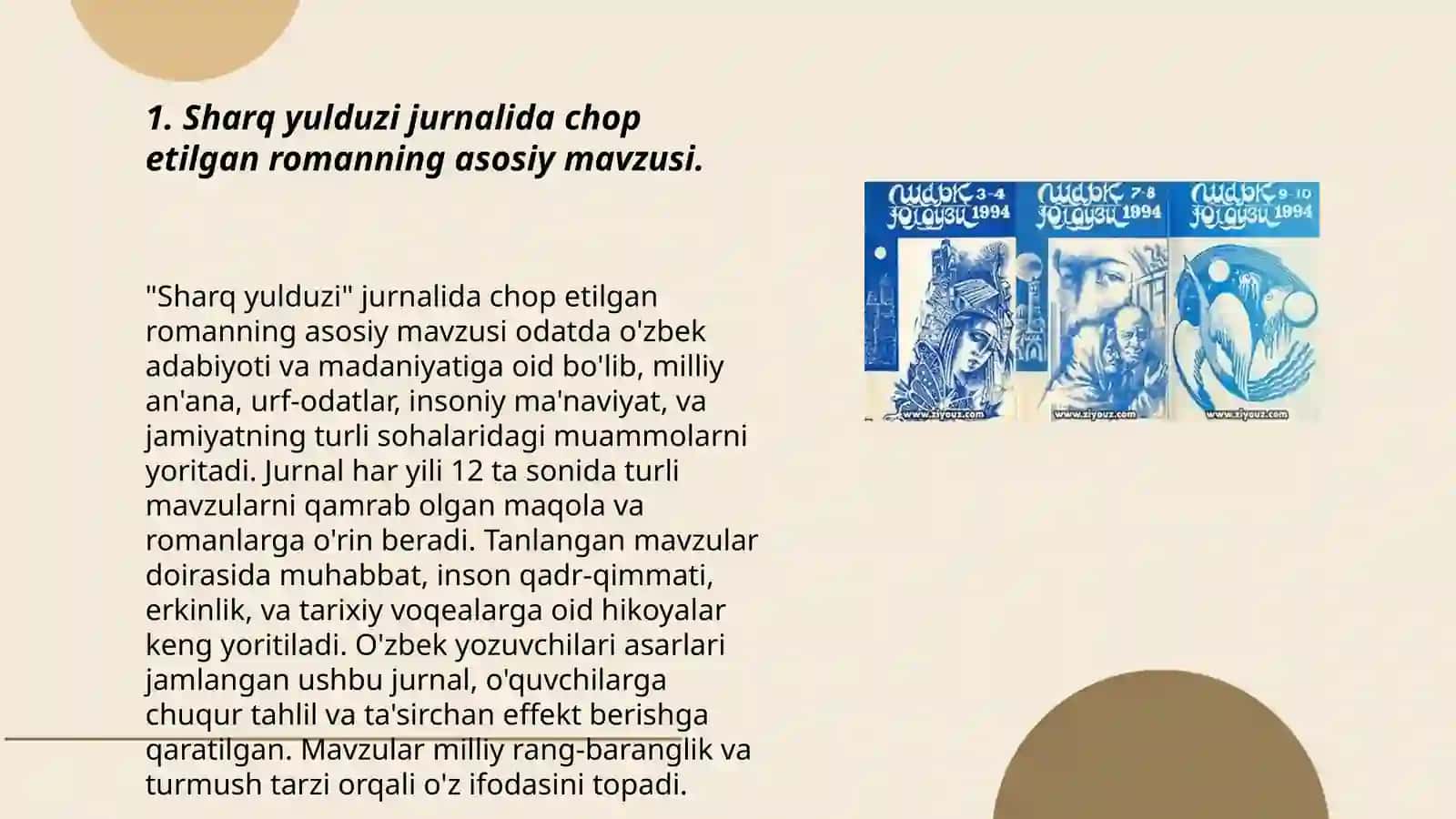 Sharq yulduzi jurnalida e'lon qilingan romanlar tahlili 3