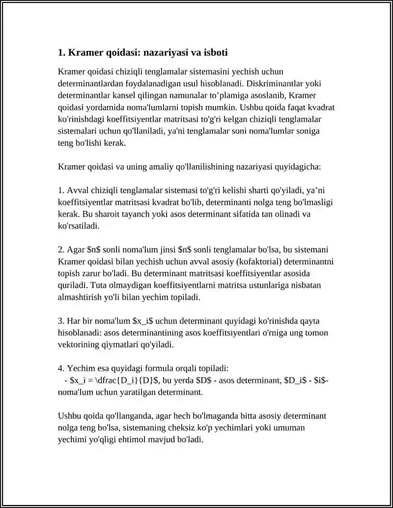 DETERMINANTLARNING CHIZIQLI TENGLAMALAR SISTEMALARINI YECHISHDA QO'LLANILISHI 3
