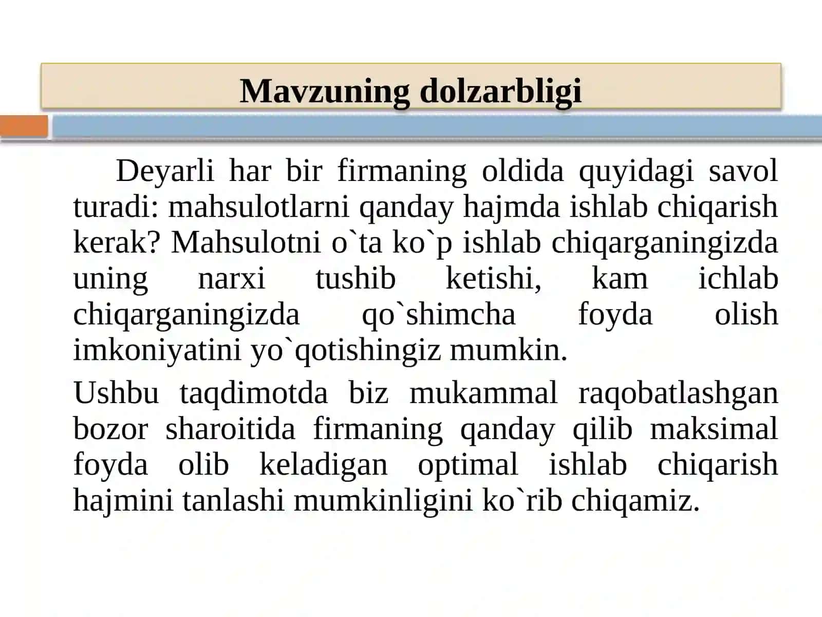 Qisqa muddatli oraliqda mukammal raqobatlashgan bozorda firma foydasini maksimallashtirish va uning taklifi 3