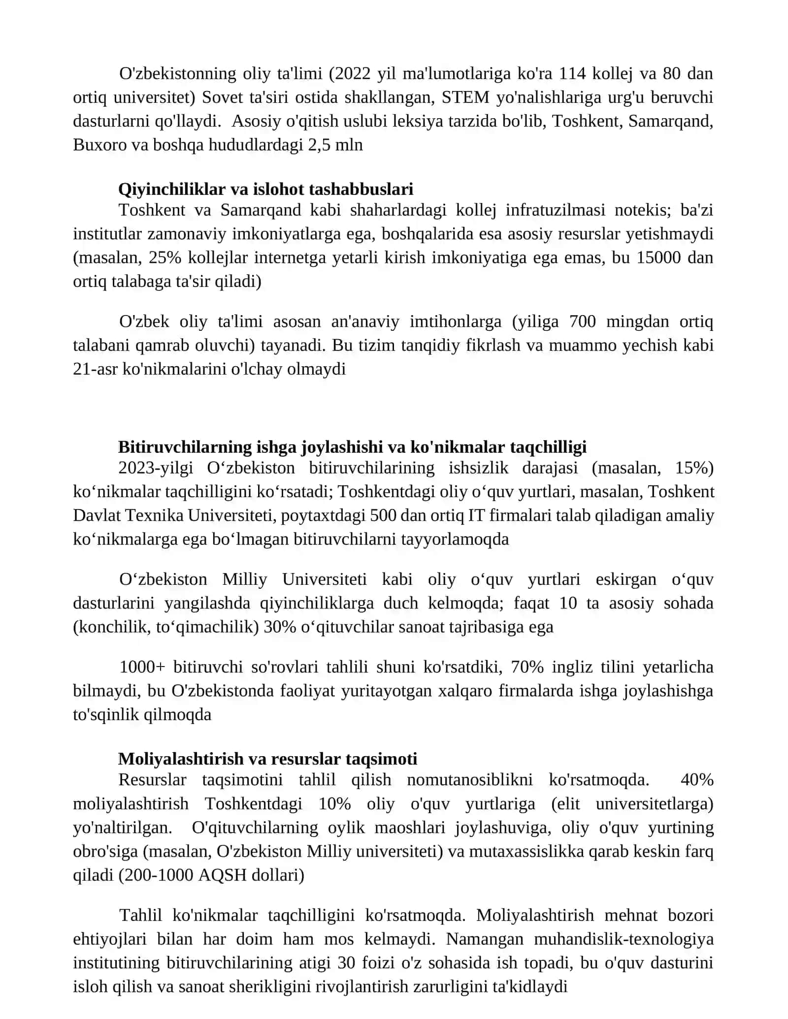 O'zbekiston Respublikasida Ta'lim tizimini tahlil qilish (Kollej va Oliy ta'lim misolida) 3