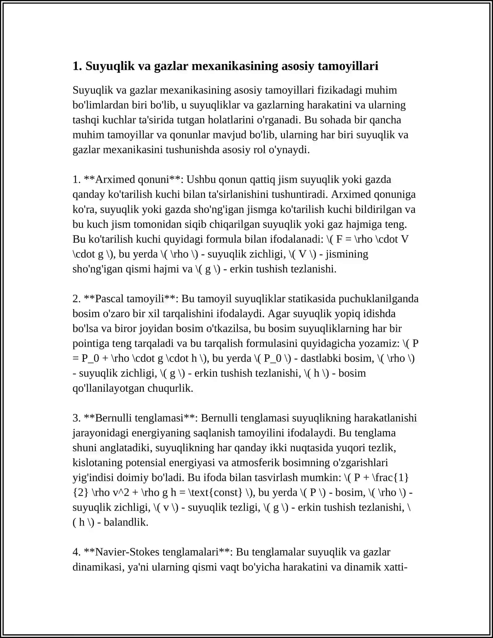SUYUQLIK VA GAZLAR MEXANIKASI. BOSIM. PASKAL QONUNI. UZLUKSIZIK TENGLAMASI 3