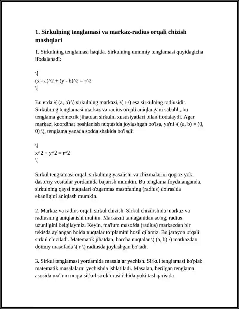 SIRKUL EGRI CHIZIQLARI VA VAZIFALARIGA OID MASHQ BAJARISH 3