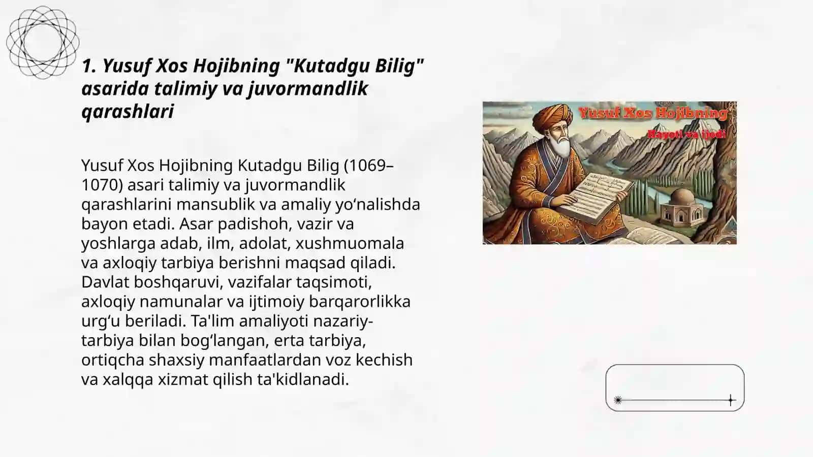 Yusuf Xos Hojib va Mahmud Qoshgʻariy talimiy qarashlari Kaykovusninng Qobusnoma asari va juvormandlik tarbiyasi 3