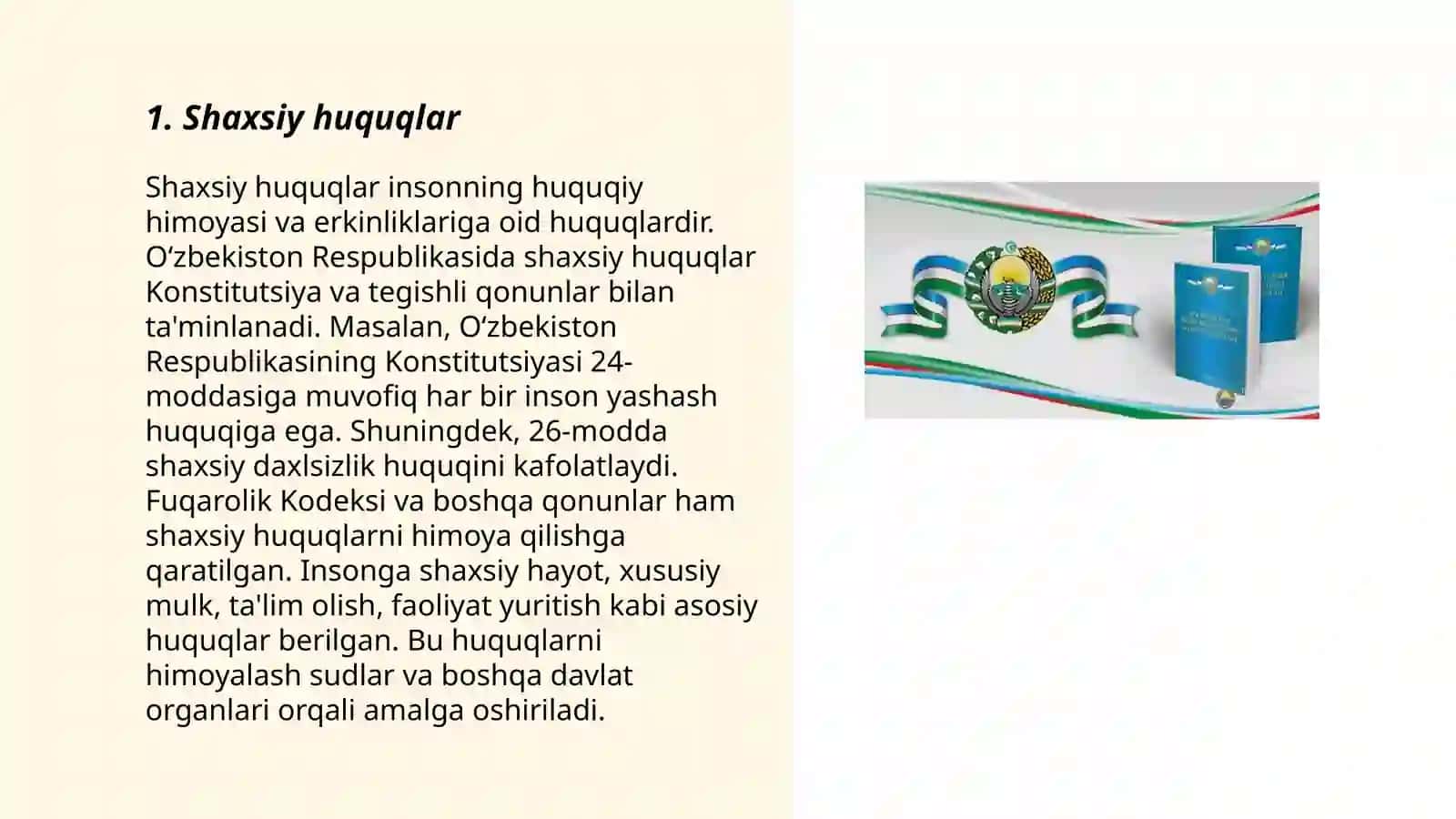 Oʻzbekiston Respublikasida inson va fuqarolarning huquqi, erkinlik va burchlarining konstitutsiyaviy tasniflanishi( klassifikatsiyasi) 3