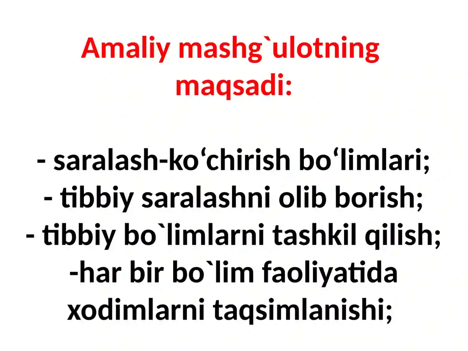 SHIKASTLANGANO`CHOQLARDAN OLIB CHIQILGAN YARADOR VA BEMORLARGA BIRINCHI SHIFOKOR YORDAMNI TASHKILLASHTIRISH 3