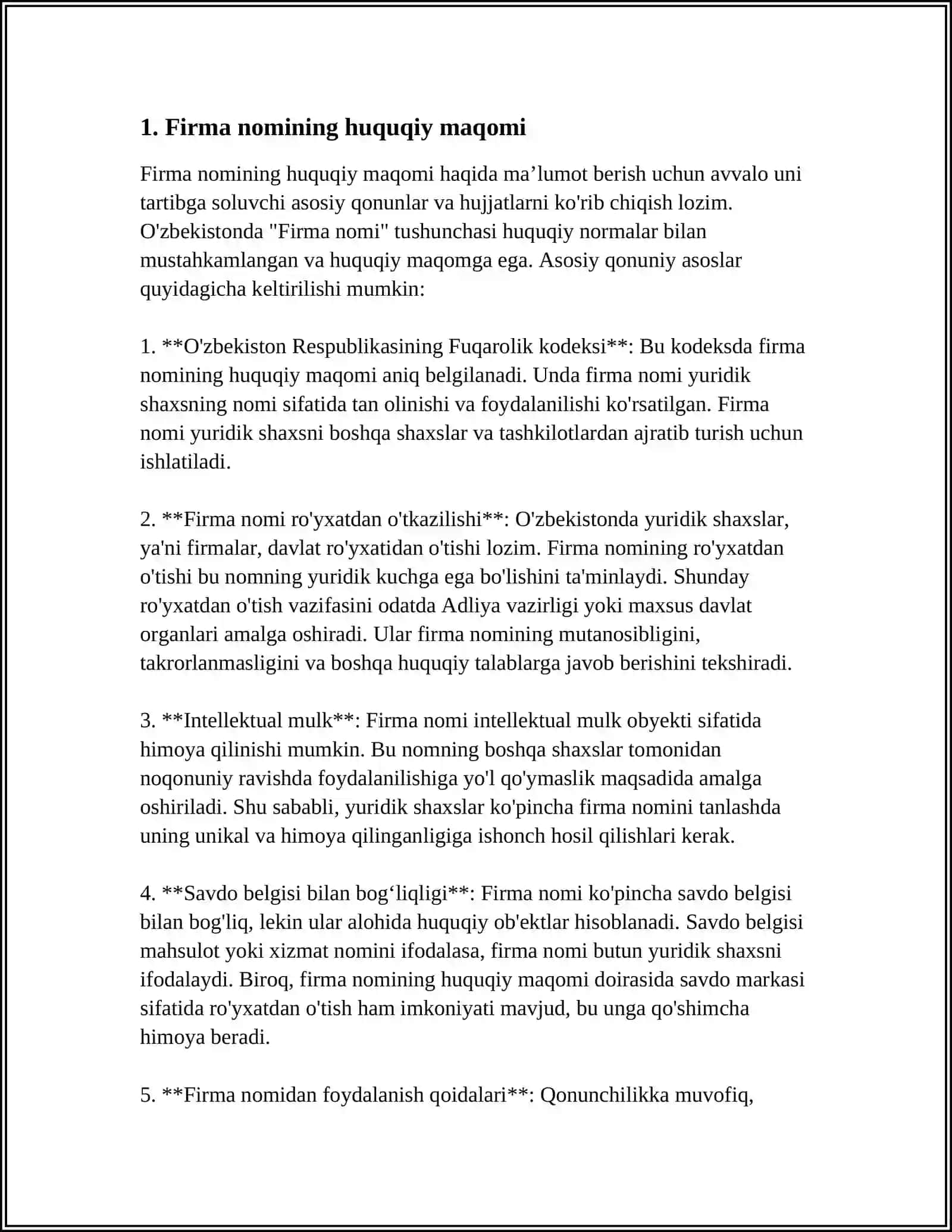 MUSTAQIL ISH Mavzu: FUQAROLIK XUQUQI FANIDAN "FIRMA NOMI " MAVZUSIDA MUSTAQIL ISH 3