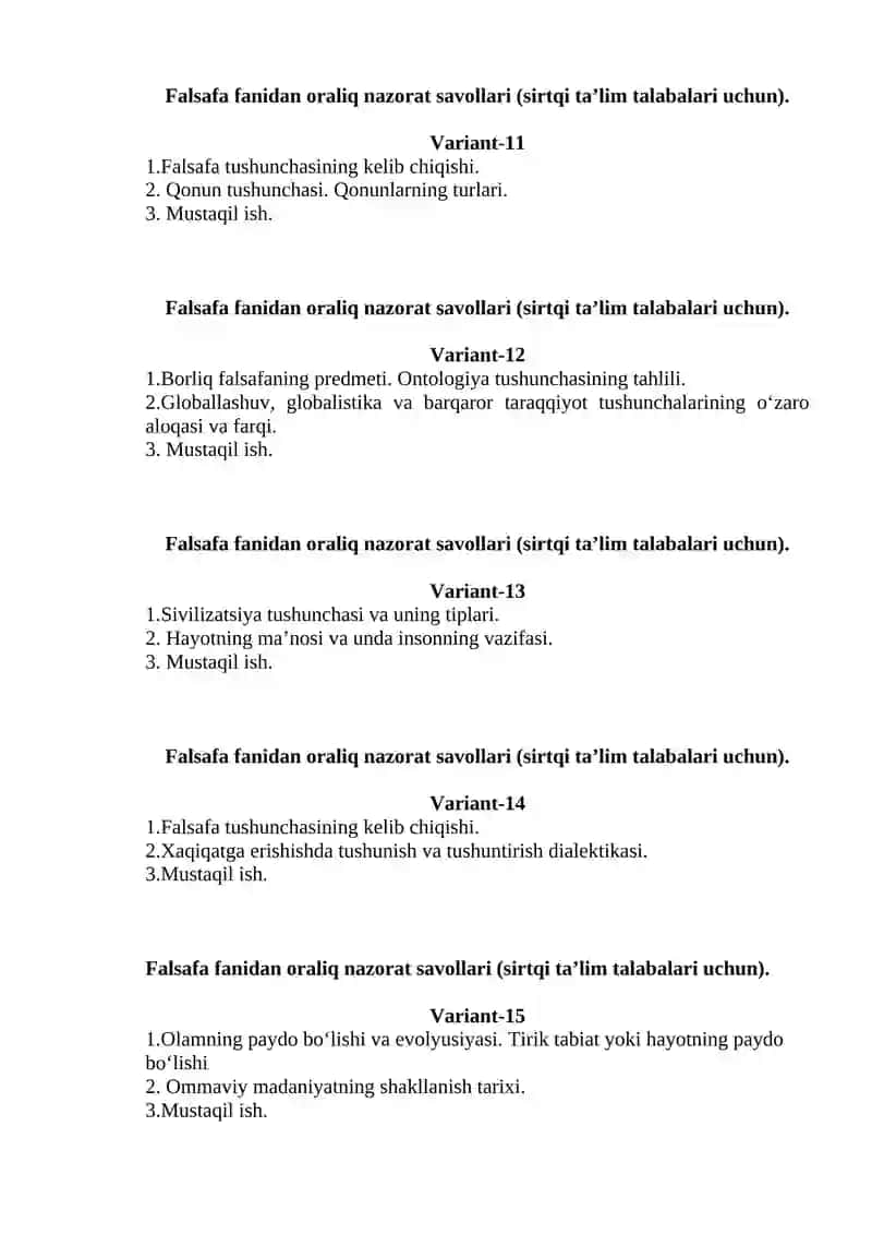 Oraliq nazorat savollari (sirtqi ta’lim talabalari uchun) 3