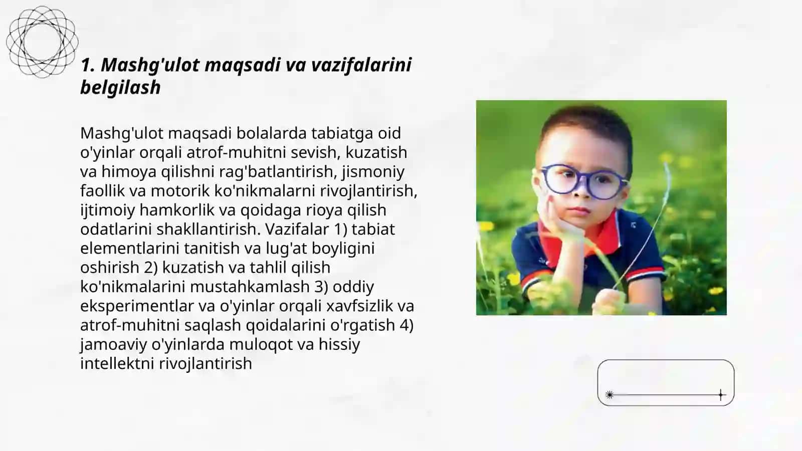 Kichik guruhga tabiatga oid o'yinlarni tashkil etish mashg'uloti 3