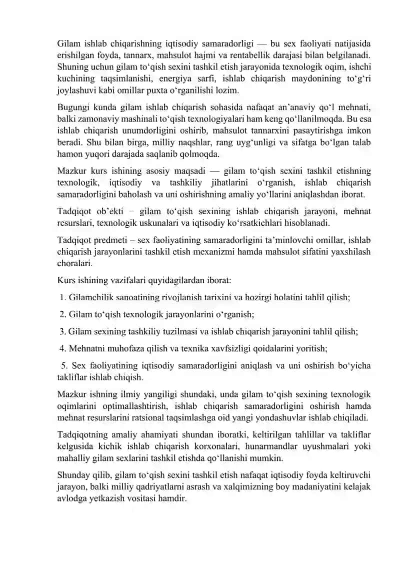 Gilamchilikning iqtisodiy va tarixiy asoslari sexini tashkil qilish 3