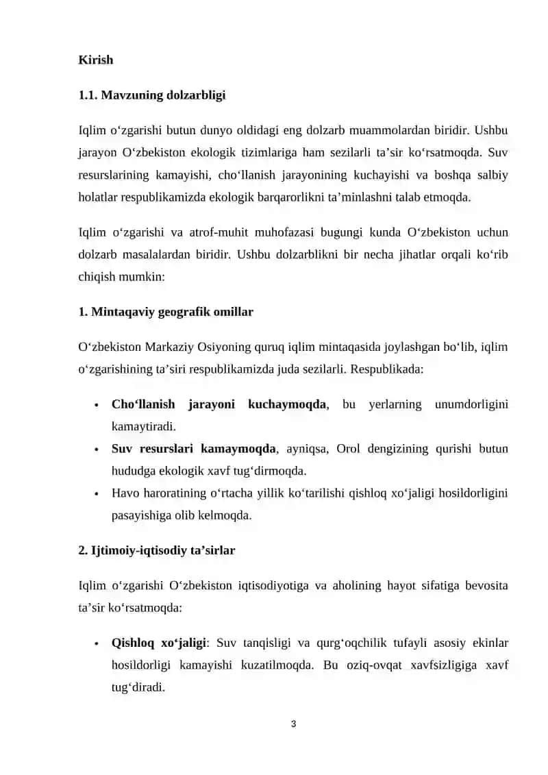 RESPUBLIKAMIZDA ATROF MUHIT VA IQLIM OʻZGARISHI BOʻYICHA OLIB BORILAYOTGAN ISHLAR TAXLILI 3