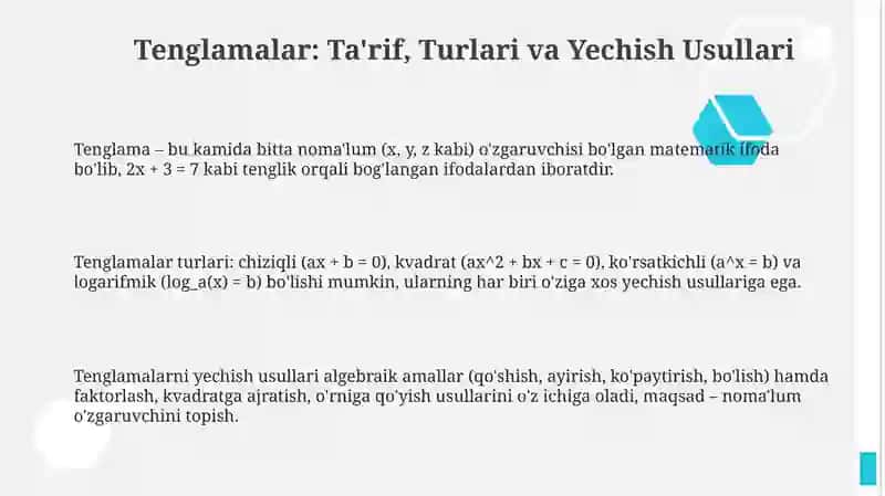 Tenglamalar va uni yechishga orgatish 3