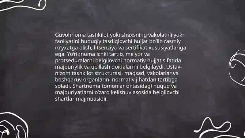 Tashkiliy hujjatlar guvohnoma, yo‘riqnoma, ustav-nizom, shartnomaning o‘ziga xos xususiyatlari 3
