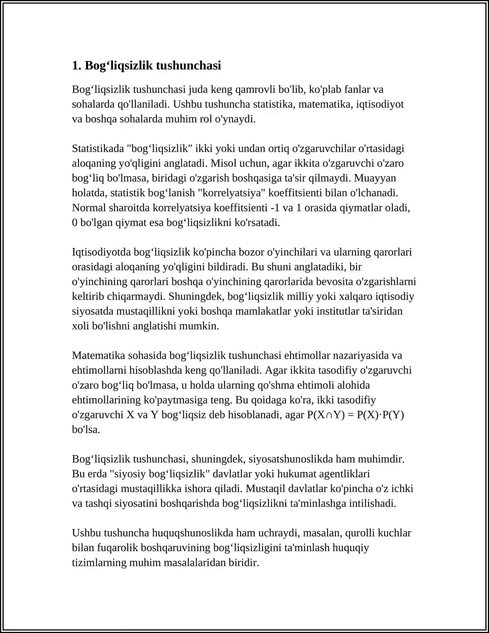 HODISALARNING OʻZ TOʻPLAMIDA BOGʻLIQSIZLIGI VA JUFTI JUFTI BN BOGʻLIQSIZLIGI ORASIDAGI MUNOSABAT. BERSHTEYN MISOLI 3