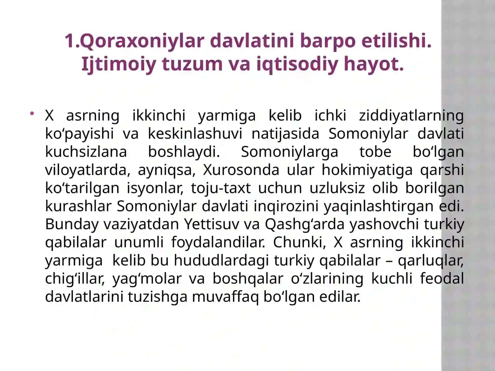 Qoroxoniylardavlati; ma’muriy tuzilishi, hududi; davlat boshqaruvi tartiblari; ijtimoiy - siyosiy tuzumi (Xoqon-Qoroxon); huquq-tartiboti. G‘aznaviylarvaSaljo‘qiylarningboshqaruvtizimi 3
