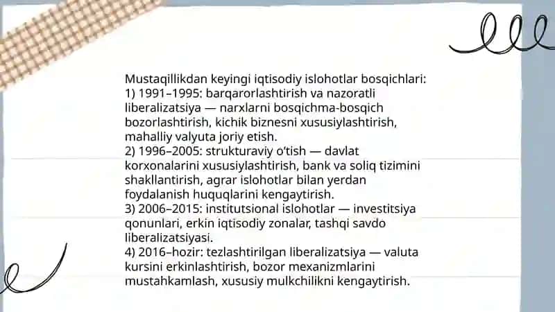 Iqtisodiy islohotlar, xususiy mulkchilikning shakllanishi. Oʻzbekistonda bozor munosabatlarining rivojlanishi. 3