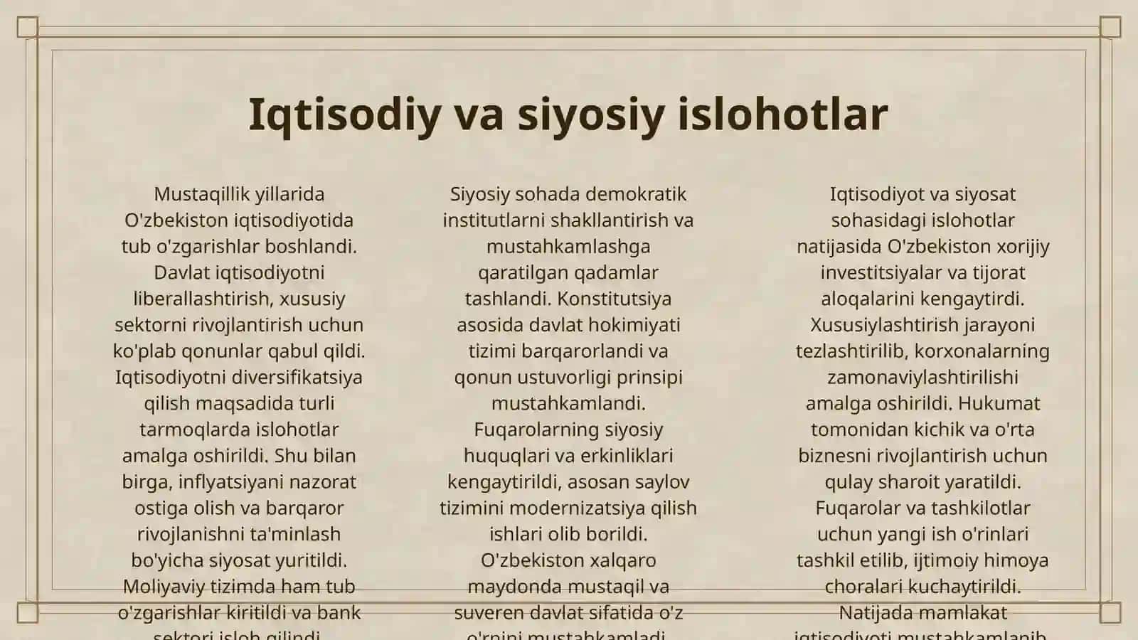 OʻZBEKISTONDA MUSTAQILLIK YILLARIDA AMALGA OSHIRILGAN ISLOHOTLAR 3
