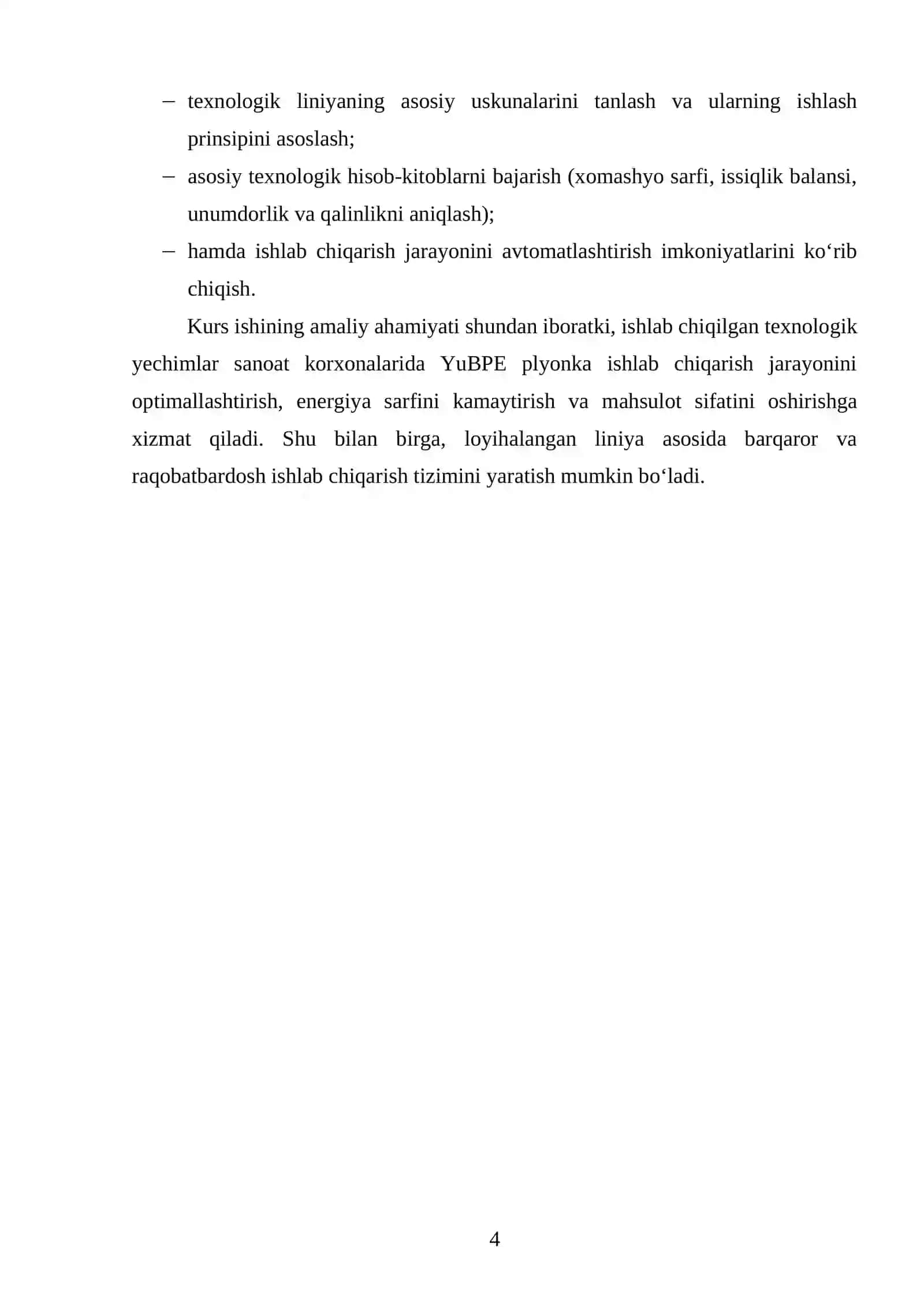 YuBPE dan quvvati 1200 kg/soat boʻlgan plyonka ishlab chiqaradigan texnologik liniyani loyihalash 3