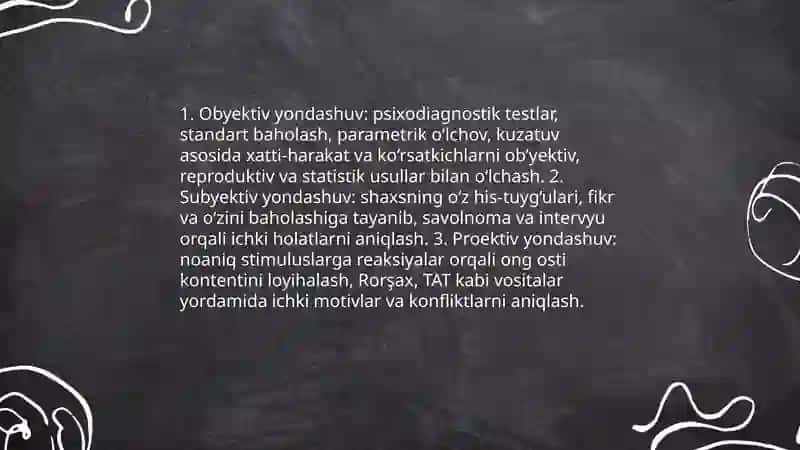 Psixodiagnostik metodlar tasnifida obyektiv subʼektiv proektiv yondashuv 3
