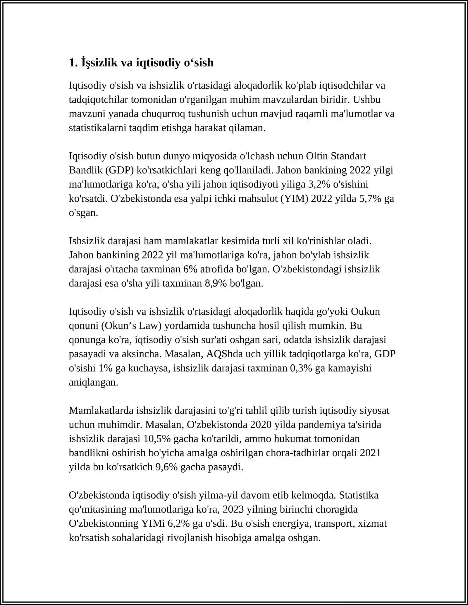 MUSTAQIL ISH Mavzu: ISHSIZLIK. BIZNES SIKLLARI 3