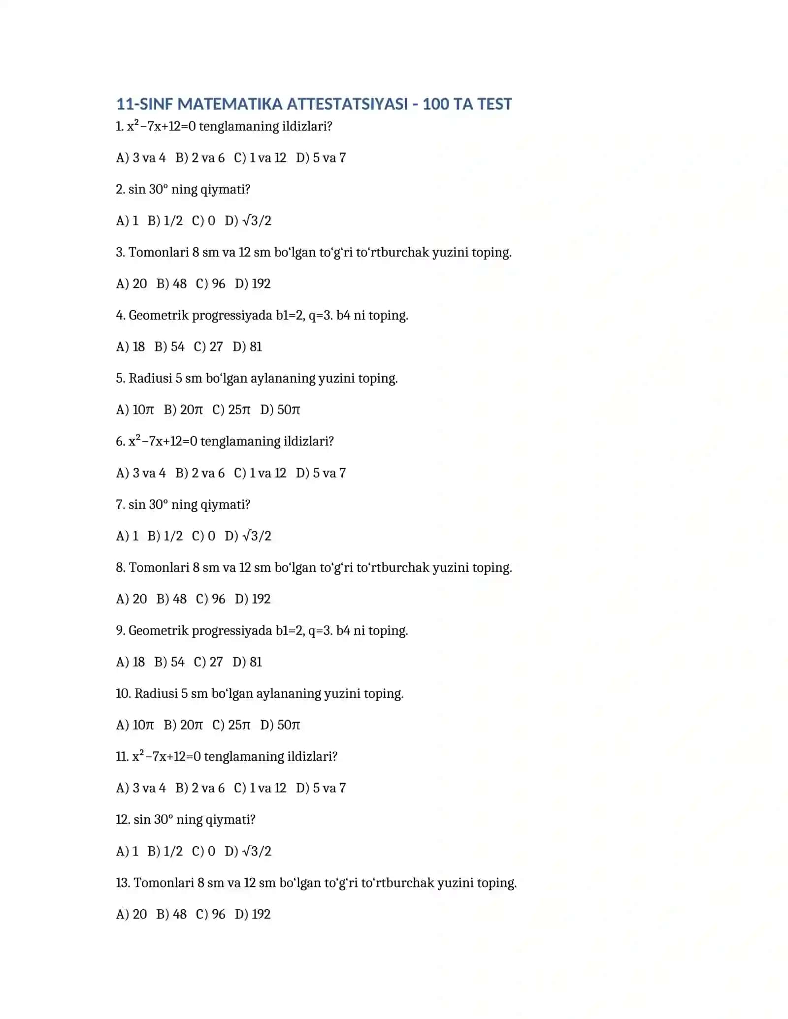 Matematika atistat imtihon uchun test savol javoblari 3