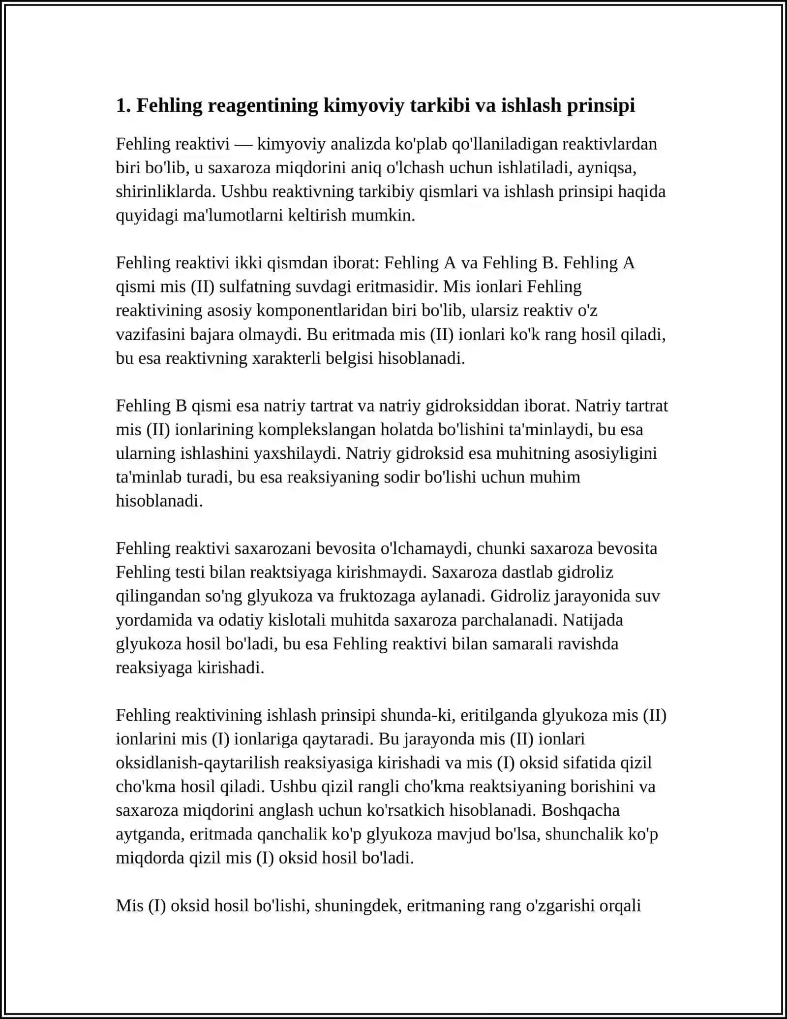 SHIRINLIKLARDA SAXAROZA MIQDORINI O‘LCHASH – FEHLING REAGENT YORDAMIDA 3