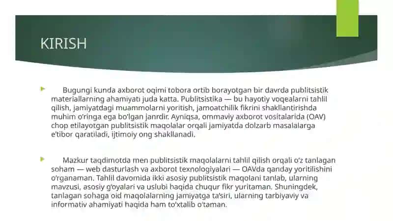 Publitsistik maqolalar bilan tanishish va tahlil qilish. Men tanlagan soha va OAV mavzusida esse yozish 3