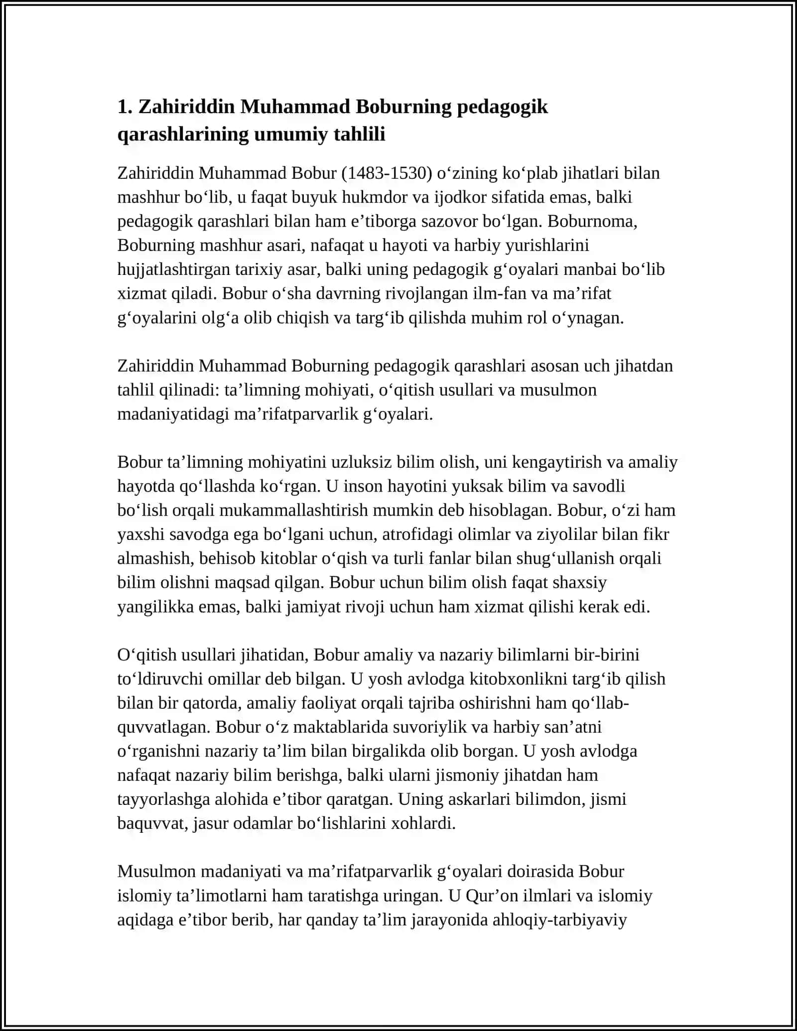ZAHIRIDDIN MUHAMMAD BOBURNING PEDAGOGIK GʻOYALARI VA MAʼRIFATPARVARLIK XIZMATLARI 3