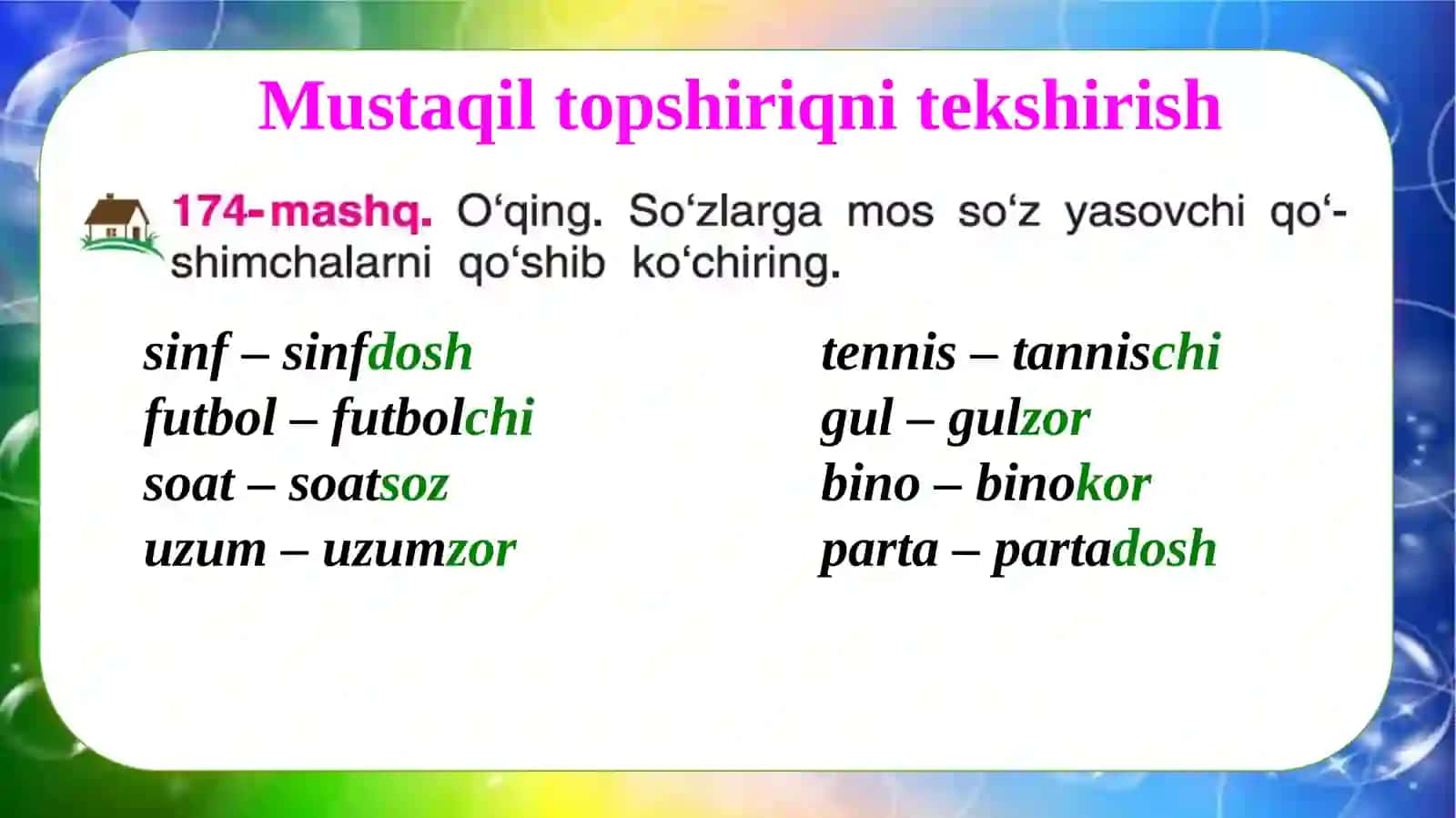 Otga javob boshqa so‘zga qo‘shilib, yangi ma’noli ot yasaydigan qo‘shimchalar, 4-sinf 3