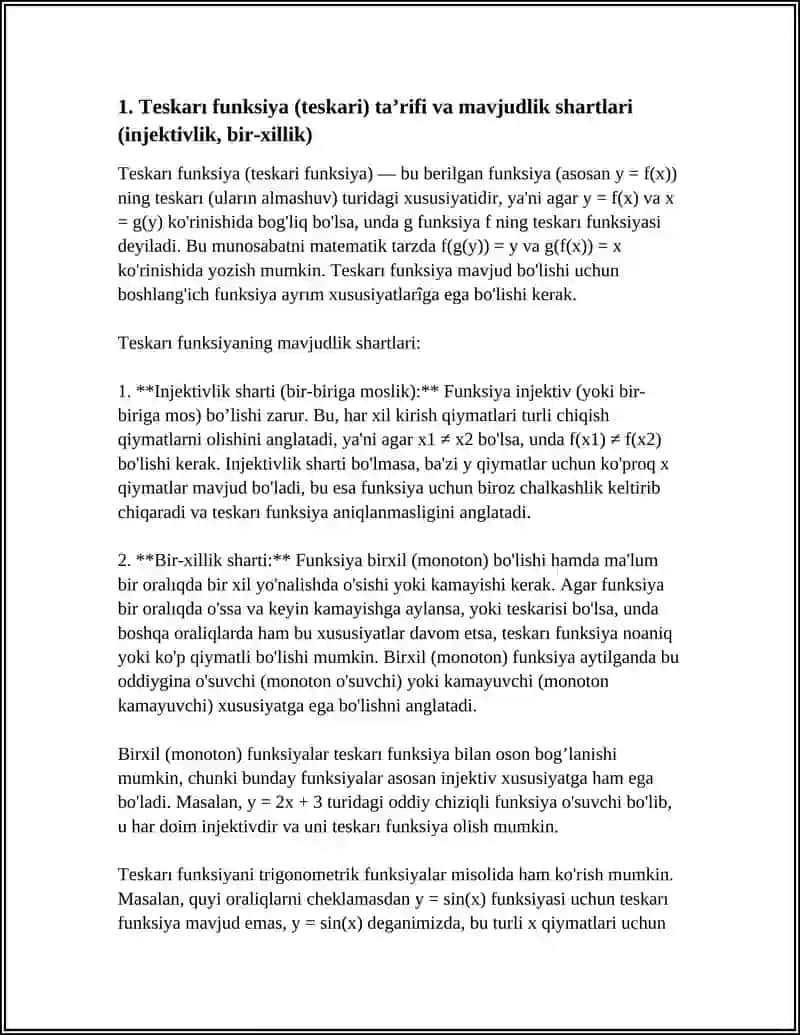 TESKARI FUNKSIYA. MURAKKAB FUNKSIYA, ELEMENTAR FUNKSIYA VA ULARNING XOSSALARI 3